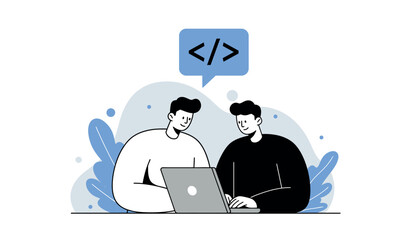 Collaborative programming teamwork with laptop for software development and code learning