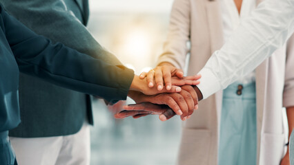 Poster - Business people, meeting and hands together with team for motivation, mission or inclusion at office. Closeup, group or employees piling with stack in huddle for unity, collaboration or cooperation