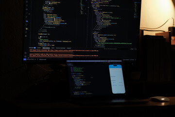 a focused app developer working on code at a computer, creating and testing features for a modern mo