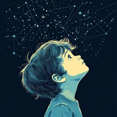 Wall Mural - A child looking up towards the heavens filled with stars and planets