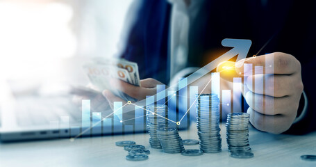Poster - Stack of coins with trading price graph growth.Money business financial graph diagram of coin. Financial growth data or investment market profit bar and success report.Saving money concept.