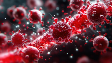 Aufkleber - Close up view of red virus particles, showcasing their spiky surface and intricate details, floating in dark environment. image highlights complexity and microscopic nature of viruses