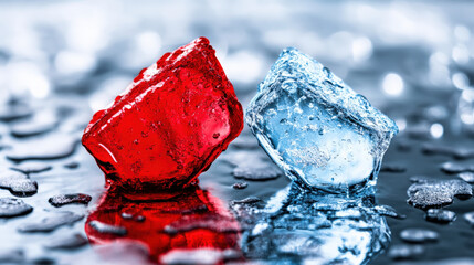 Aufkleber - Two ice cubes, one red and one blue, rest on reflective surface with water droplets, creating striking contrast. vibrant colors and reflections evoke sense of coolness and freshness