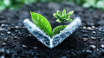 Poster - Vibrant green leaf and small plant emerge from splashing water, symbolizing growth and sustainability in natural setting. image conveys sense of freshness and environmental harmony