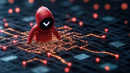 Aufkleber - Mysterious figure in red hoodie stands over digital network, symbolizing cybersecurity threats and data breaches. dark background highlights glowing circuit lines