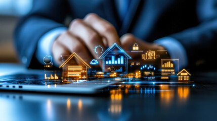 Poster - Person in suit interacts with digital interface displaying glowing icons of houses, graphs, and security symbols, representing real estate and technology integration