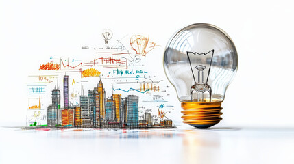 Aufkleber - Light bulb symbolizes innovation and creativity, set against backdrop of sketched cityscape with colorful graphs and charts, representing economic growth and entrepreneurship