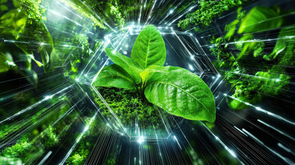 Leinwandbilder - Vibrant green plant surrounded by digital elements symbolizes fusion of nature and technology, highlighting concepts of sustainability and innovation in green energy