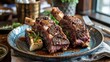 © Daryna - Beef short ribs with coffee rub on handmade pottery plate, bone-in meat with spiced caramelized exterior and perfect tenderness, served with roasted marrow and herb gremolata