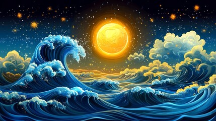 Wall Mural - Enchanting aquatic reverie is the theme of Reverie Swell, an illustration that captivatingly depicts a graceful figure submerged in the shimmering indigo hues of an ocean expanse