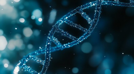 Poster - close-up view of blue dna double helix structure with shimmering strands against a soft blurred back