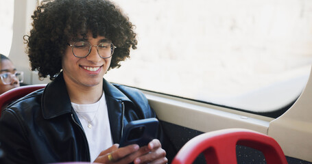 Aufkleber - Phone, happy and man on bus online for checking university exam results on mobile app with travel. Cellphone, college and male student reading acceptance email on public transportation in city.
