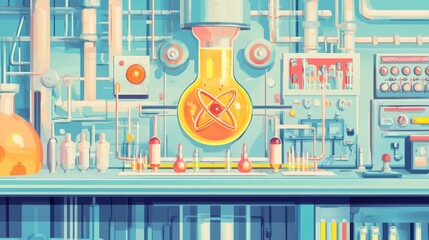 Canvas Print - modern cosmetic colorful science illustration featuring laboratory equipment and glowing atom symbol