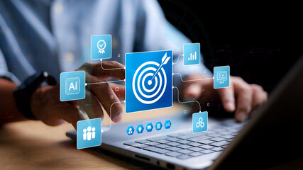 Wall Mural - white dartboard and white arrow connection linkage with human icon for customer focus target group a