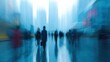 © Pixelart - Blurred figures walk on a city street with tall buildings in background.