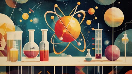 Canvas Print - modern cosmetic colorful science illustration featuring laboratory equipment and glowing atom symbol