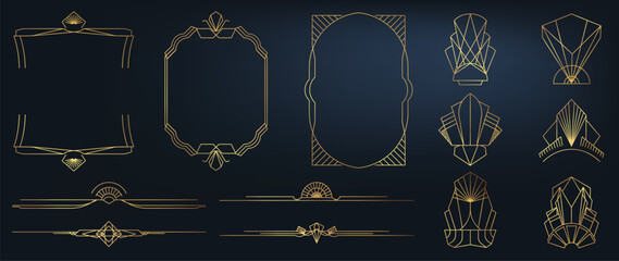 Aufkleber - Collection of geometric art deco ornament. Luxury golden decorative element with different line, frame, headers, dividers, borders, gatsby. Set of elegant design suitable for card, invitation, poster.