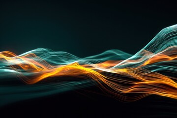 Wall Mural - immersive digital landscape showcasing waves of orange and teal light flowing across a dark backdrop
