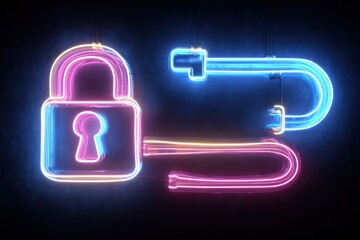 Wall Mural - neon-lit digital network with encryption motifs like locks and keys, highlighting data security.