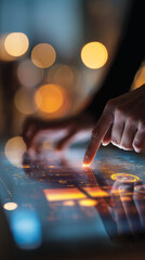 Wall Mural - close-up of fingers interacting with a digital tablet screen displaying glowing interface elements, 