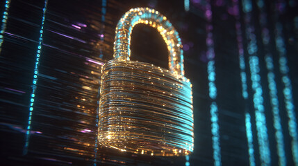 abstract gold padlock, shimmering lines, binary code background, symbolizing digital security, data 