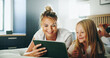 © peopleimages.com - Happy mother, daughter or watching with tablet on bed for online entertainment, show or cartoon at home. Mom, child or kid lying with smile on technology for subscription, app or streaming at house
