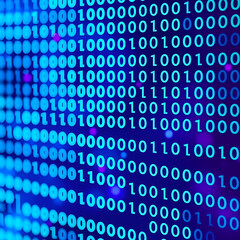 digital binary code background with vibrant shades of blue and purple for technology or data themes.