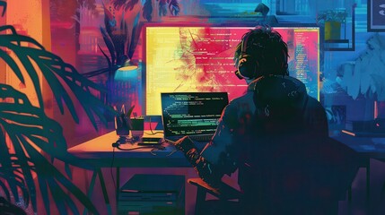 Person coding on a laptop with a large monitor displaying code in a colorful room at night