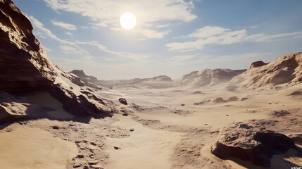 a realistic photo of an expansive desert landscape under bright sun with vast sandy dunes and sharp 