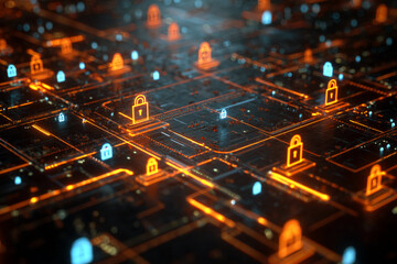 abstract digital network with glowing orange and blue padlock icons, symbolizing cybersecurity, data