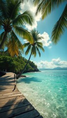 Poster - Tropical Beach Paradise: Wooden Pier, Palm Trees, and Sparkling Turquoise Water