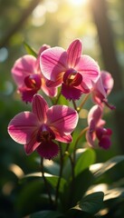 Poster - Close-up of vibrant pink moth orchids bathed in soft light, showcasing delicate petals, intricate details, and creating a serene b