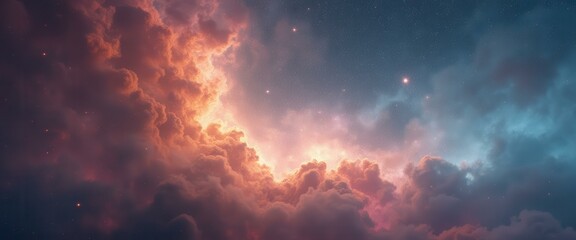 Poster - Ethereal Sky Panorama with Luminescent Clouds and a Celestial Starscape, Immersive and Dreamlike
