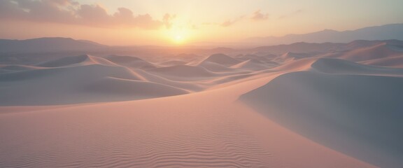Poster - Ethereal desert landscape with sun rising over soft dunes, creating a serene and dreamy atmosphere with mountains in the distance