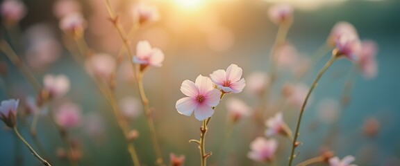 Poster - Delicate Pink Flowers Blooming in Soft Sunlight - Floral Beauty and Serene Natural Scene