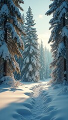 Poster - Winter forest path with snow-covered trees and sunlight, creating a scenic wonderland of natural beauty