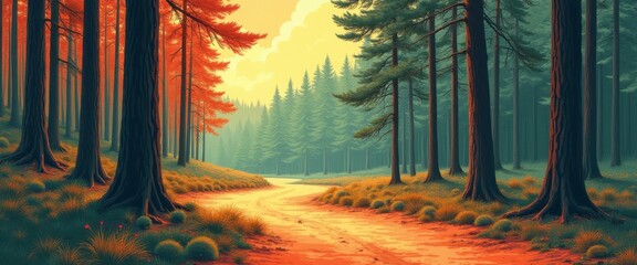 Aufkleber - Serene Forest Path with Autumnal Trees and Evergreen Woods in Warm Light
