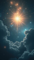 Poster - Celestial Illumination: Radiant Starburst Amidst Ethereal Clouds in a Serene Night Sky