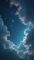 Wall Mural - night sky with stars peeking through the gaps in a layer of fluffy white clouds at dusk