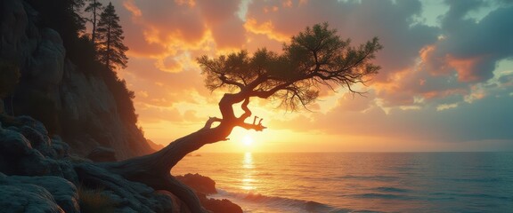 Aufkleber - Contorted Tree Silhouetted Against Golden Sunset over Calm Ocean