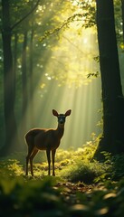 Aufkleber - Elegant Doe Standing Alert in Forest Sunlight: Wildlife Scene with Tranquil Nature Ambiance