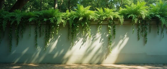 Aufkleber - Fern-Adorned Wall with Cascading Vines and Textured Surface in a Verdant Garden Setting
