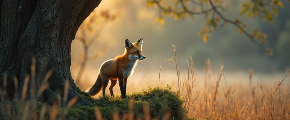 Aufkleber - Alert Red Fox Standing Watch in a Misty Golden Meadow Near a Large Tree in Autumn