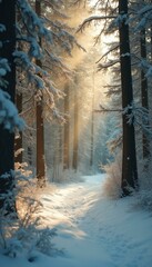 Aufkleber - Serene Winter Forest Path with Golden Sunlight Streaming Through Snow-Covered Trees