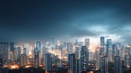  夜景に浮かび上がる高層ビル群と輝く都市の光