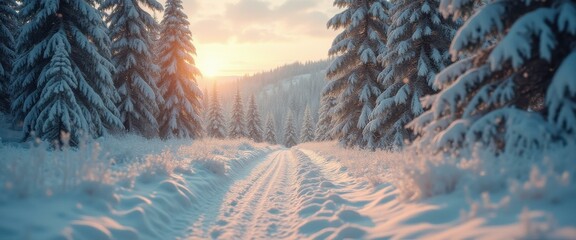 Fototapete - Winter Wonderland Trail: Snow-Covered Evergreen Forest at Sunset