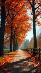 Poster - Autumn Path: Trees with Orange Leaves Line a Park Trail in Fall