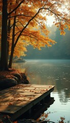 Aufkleber - Serene Lake Scene with Wooden Pier and Autumnal Foliage in Golden Hues