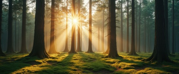 Poster - Sunlight filters through towering trees, casting ethereal glow on mossy forest floor, creating serene and enchanting landscape