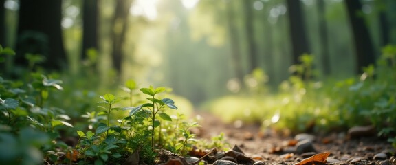 Poster - Sunlit Woodland Path with Lush Greenery and Young Plants in a Peaceful Forest Setting